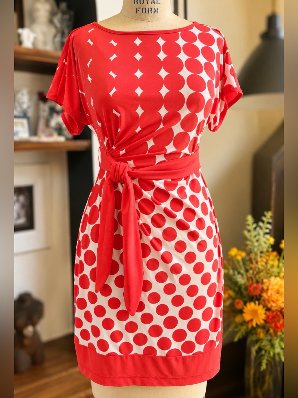 Orange Ivory Geometric Polka Dot Tie Waist Stretch Dress Size 4